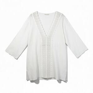 La Blanca White Gauzy Sheer Swim Cover Up Lace Crochet Trim Womens Med Tunic
